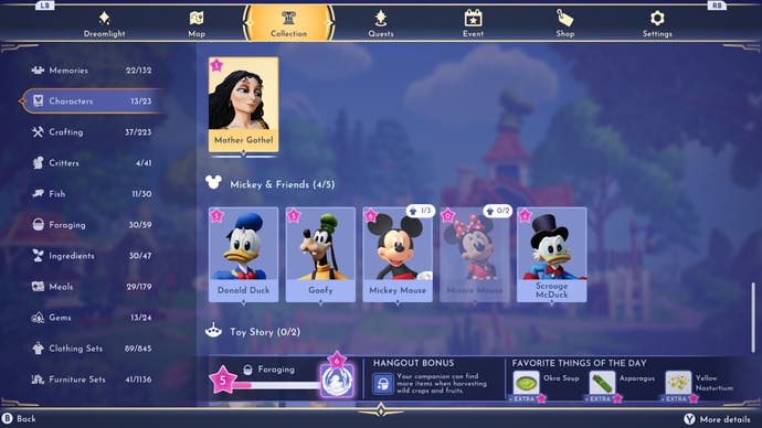 Dreamlight Valley, the character collection screen with Mother Gothel highlighted