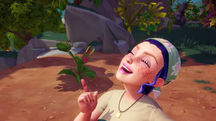 Disney Dreamlight Valley character smiling with a green fly trap plant