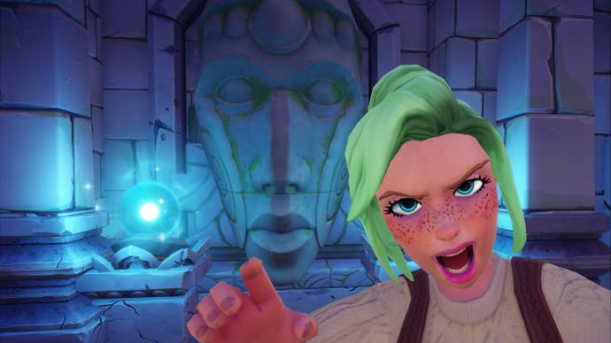 Disney Dreamlight Valley green hair player grunting selfie with stone wall face