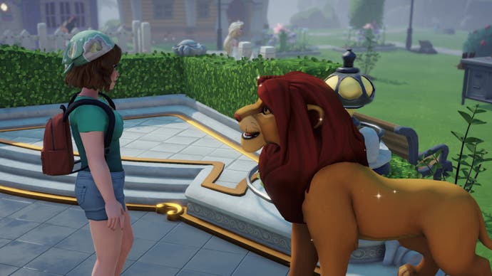  Disney Dreamlight Valley Personaje principal hablando con Simba a la derecha