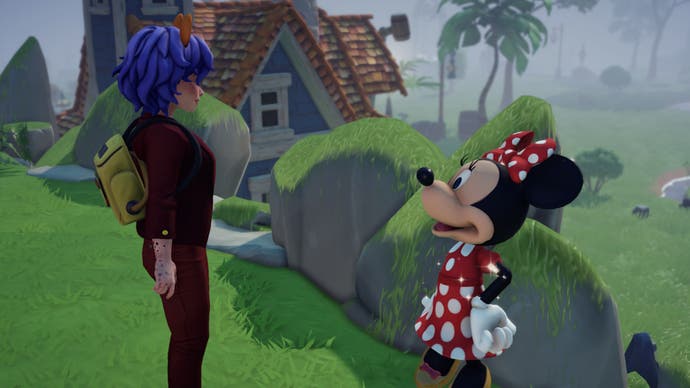  Disney Dreamlight Valley personaje principal hablando con Minnie Mouse a la derecha