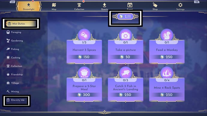 Disney Dreamlight Valley Mist Duty Eternal Island and Mist Count Menu