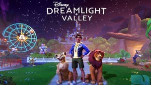 Dreamlight Valley orange potato: An animated man wearing a yellow shirt, blue jacket, and grey shorts, is standing next to two animated lions. Behind them is a large rock illuminated by firelight and a ferris wheel with Mickey Mouse's face on it