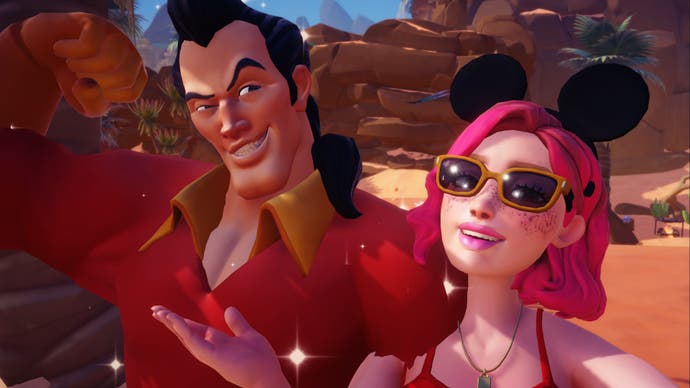 pink haired character from Disney Dreamlight Valley taking a selfie with Flexible Gaston