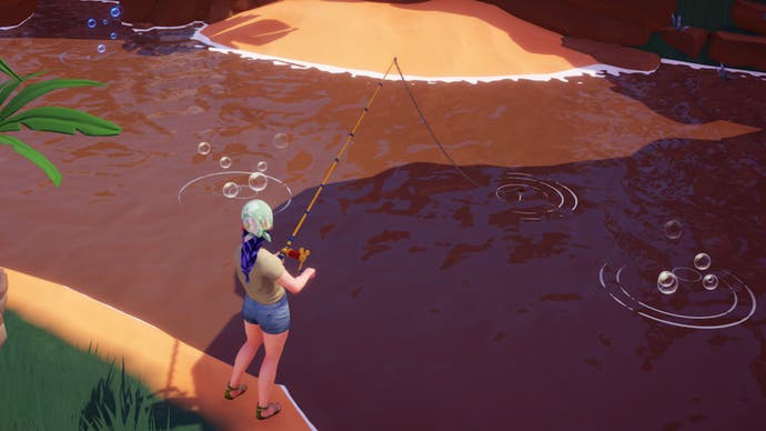 A Disney Dreamlight Valley player fishing in the stillwater oasis