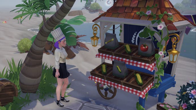 Disney Dreamlight Valley player in hat facing candy cane at Goofy Dazzle beach stand