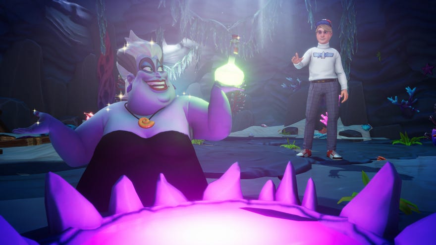 Ursula from The Little Mermaid poses with a potion in front of a player-created protagonist in Disney Dreamlight Valley.