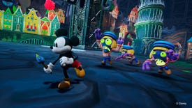 Mickey Mouse runs from some pursuing enemies in Disney Epic Mickey: Rebrushed.