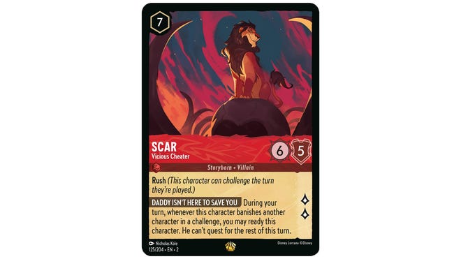 Disney Lorcana Scar, Vicious Cheater card.