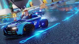 Hercules races around a corner in a blue car in Disney Speedstorm