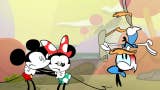 Mickey and Minnie Mouse regard an upside-down Donald the Duck in platform game Disney Illusion Island.