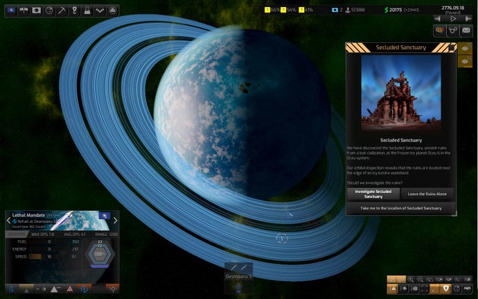 A large blue planet with a blue ring in Distant Worlds 2
