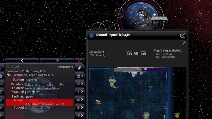 A screenshot of a ground report menu screen in Distant Worlds