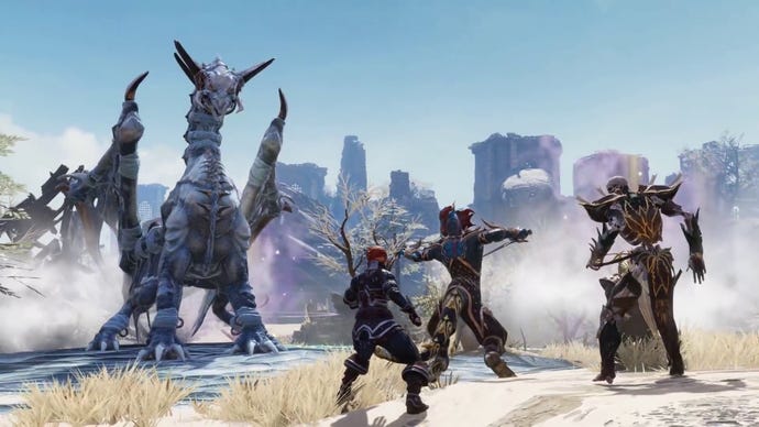 Un gruppo di giocatori combattono un drago di ghiaccio in una pianura rovinata in divinità: Sin originale 2