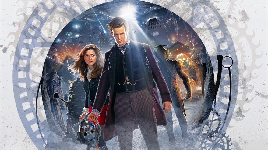 The Doctor stands holding a cyberman's head on a Doctor Who poster.