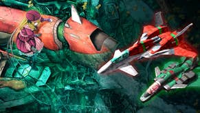 DoDonPachi Blissful Death Re:Incarnation official artwork showing a gurl hugging a red fighter jet against a green background, montaged with two red and green jets.