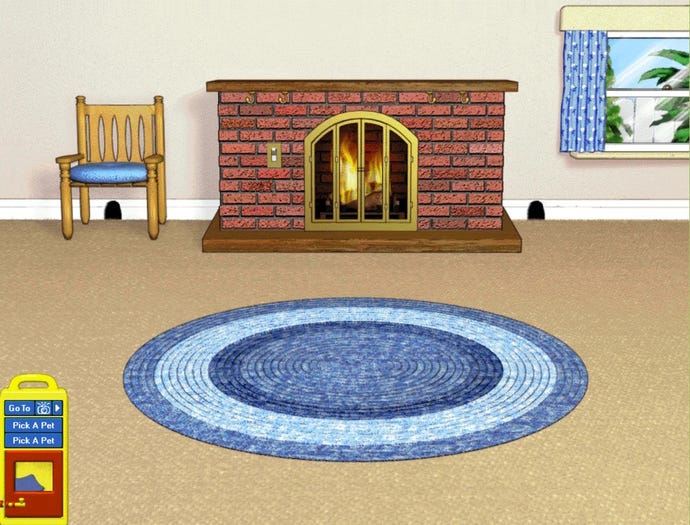 The Family Room play space from Dogz 3, showing a chair, fireplace, window and blue rug.