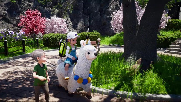 A kid rides a llama in DokeV.