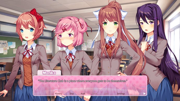 The four main characters from Doki Doki Literature Club Plus - from left to right: Sayori, Natsuki, Monika, and Yuri - stand in a line in a classroom with concerned expressions. Monika's dialogue in the text box states "The literature club is a place where everybody gets to be themselves."