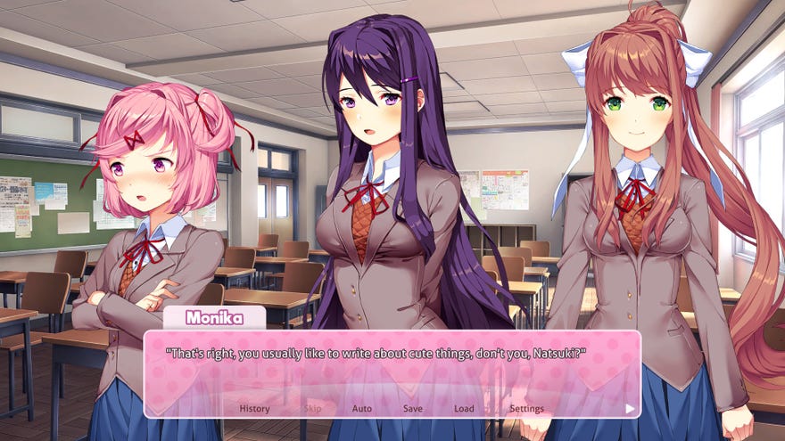 Doki Doki Literature Club Plus - Three highschool girls stand together in a visual novel setup. Monkia says "That's right, you usually like to write about cute things, don't you, Natsuki?"