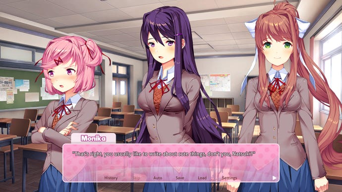 Natsuki, Yuri и Monika говорят за това как Нацуки харесва сладко писане в литературен клуб на Доки Доки