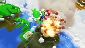 Mario on Yoshi flies away from an explosion in a Dolphin emulated Mario Galaxy.