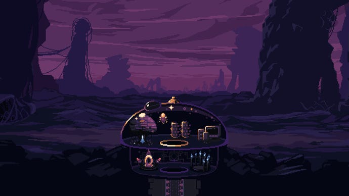 The player floats around their dome in Dome Keeper, surrounded by a purple alien landscape.
