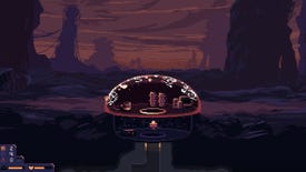 A cracked dome on the surface of an alien planet in Dome Keeper.