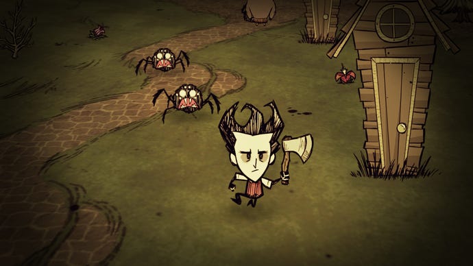 A spiky-haired boy runs away from spiders holding an axe in Don't Starve