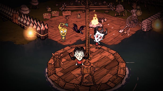 Three characters gather together in a treehouse in Don't Starve Together