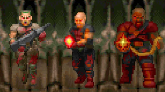 Pixel art of the Zombieman, Shotgun Guy and Heavy Weapons Dude from Doom II