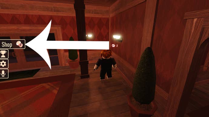 The lobby screen in Roblox game Doors with an arrow pointing at the button players need to press to redeem a code.