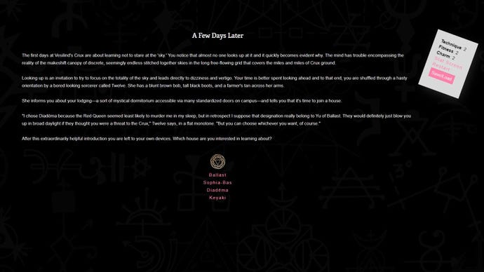 A screenshot from the early part of Benji Bright's text game Doors, describing the player character - a sorcerer - about to choose their school house