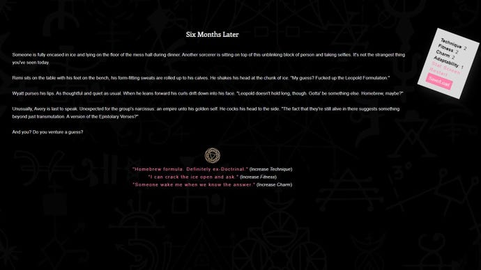 A screenshot from Benji Bright's text game doors, a little later in the demo, showing the player deciding what to do about another student encased in ice - and thus levelling up one of their skills.