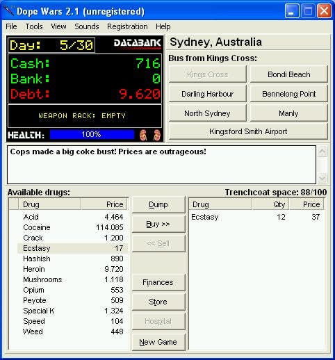 The iconic shareware game Dope Wars, from 1998. It's a glorified Windows pop-up box of a game, with a couple of drop down lists, some statistics, and setting blurb. How much are drugs in a certain neighbourhood today? An age-old question. Good game!