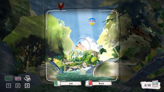 The player prepares to take a photo of a house on a hill in Dordogne