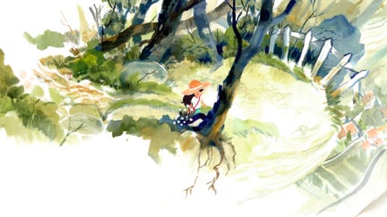 A watercolour screenshot of a young girl in a forest from Dordogne