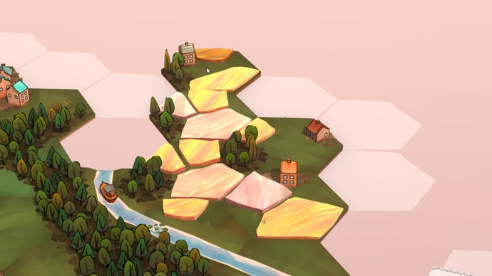 A Dorfromantik screenshot centred on a group of fields that are lit up to indicate the connection between them.