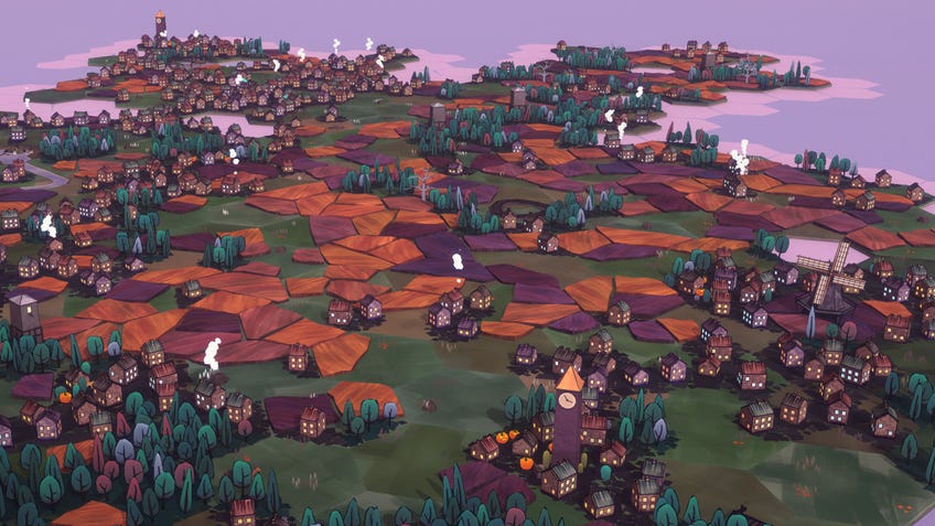 Screenshot from Dorfromantik video game showing a stylised seaside village.
