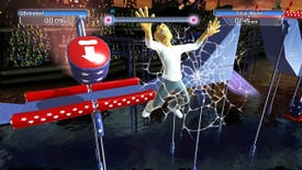 A screenshot from Doritos Crash Course where the player has been smacked by one of the game's big foam hammers and is now smashed against the screen