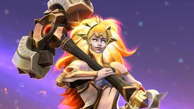 Dota 2's Dawnbreaker poses with her giant hammer in a wallpaper.