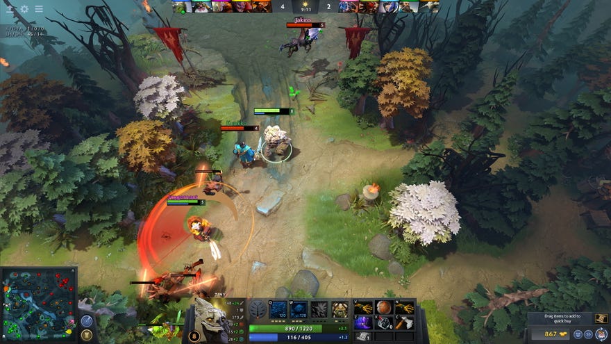Players duke it out in a forest in Dota 2.