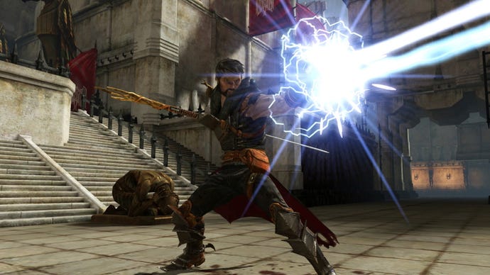 A warrior firing a beam of light in Dragon Age 2