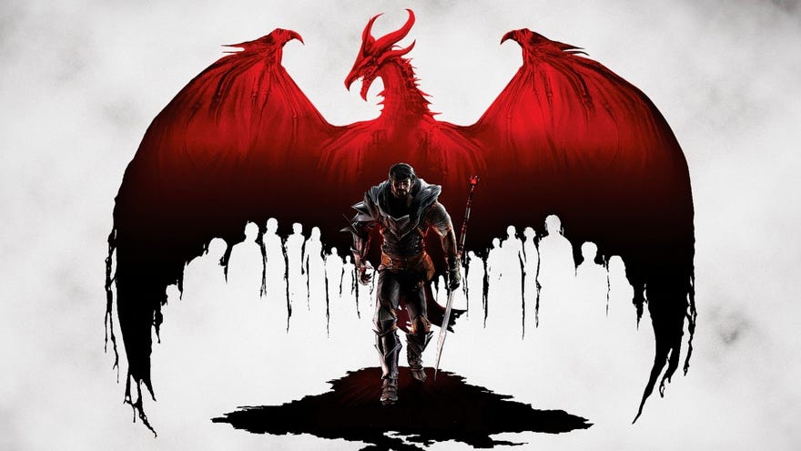 Dragon Age 2 key art of Hawke stood in front of a bloody red dragon.