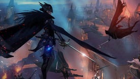 Dragon Age 4 concept art - An Antivan Crow assassin stands on top of a biulding wearing a winged mask, a cloak, and carrying a sabre. Other crows leap through the air below, along the rooftops of a city.