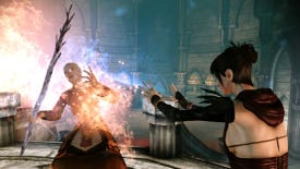 Morrigan the witch in Dragon Age: Origins, casting flaming hands and shooting a load of fire at an enemy mage