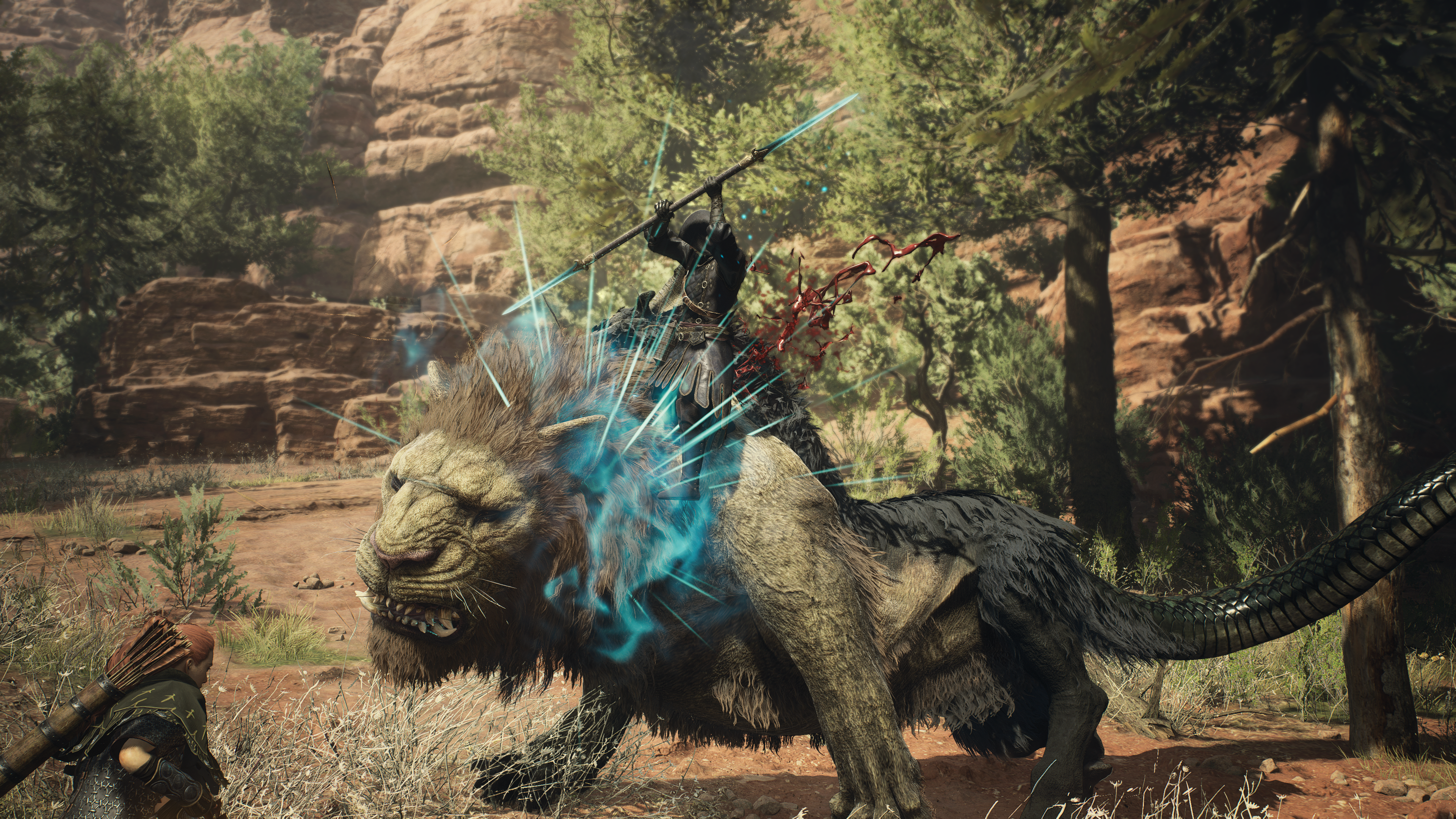 A Mystic Spearhead character striking a chimera's head in Dragon's Dogma 2.