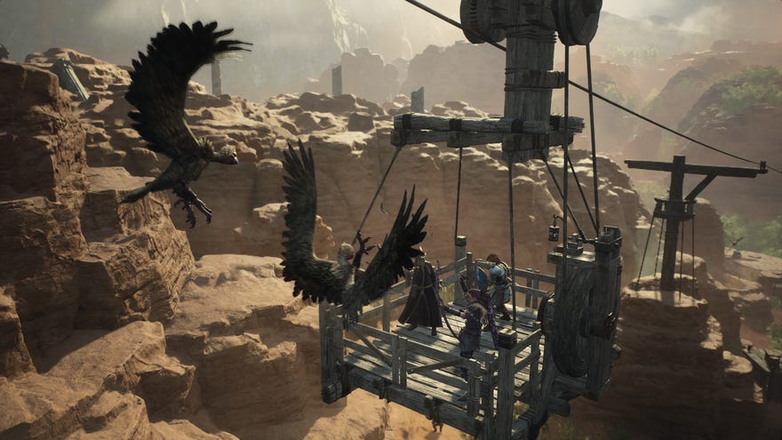 A battle against flying creatures in a sandy area in Dragon's Dogma 2.