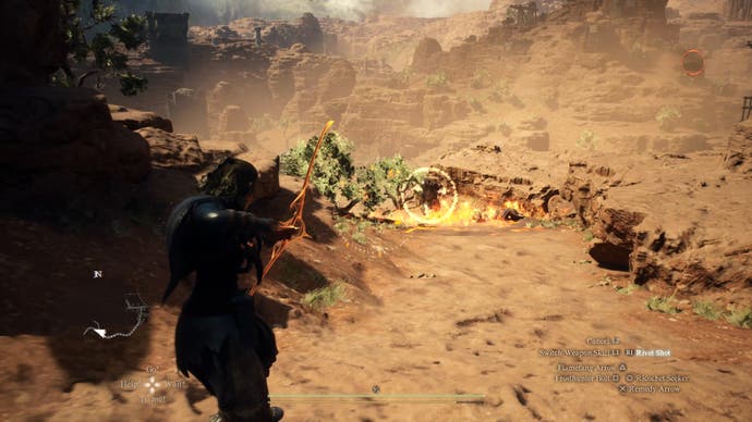 Dragons Dogma 2 preview screenshot showing ranged combat in a desert area