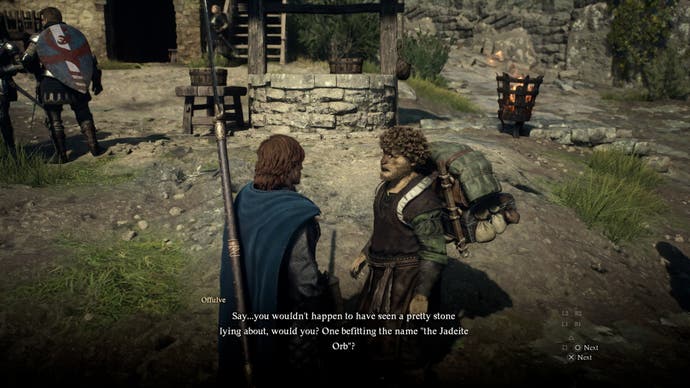 Dragons Dogma 2 preview screenshot showing a conversation with a silly-looking town NPC